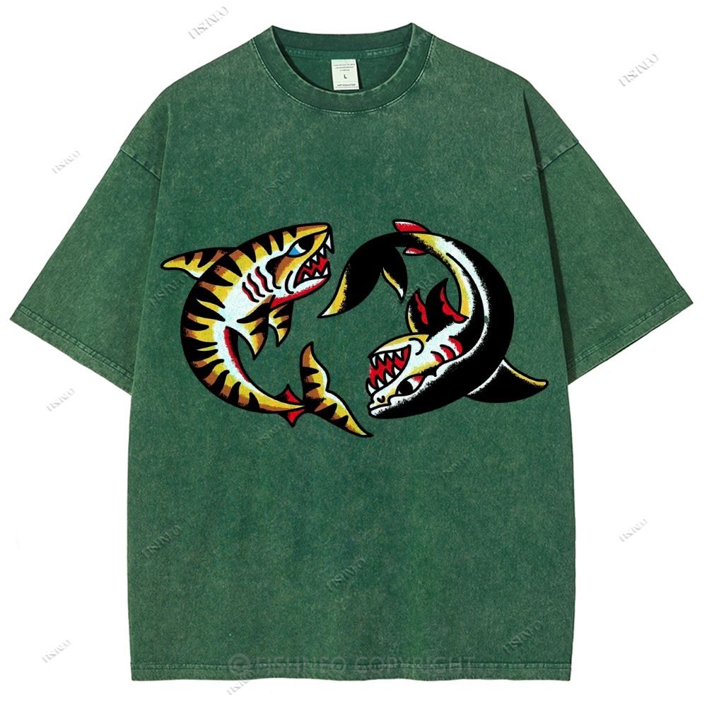 Unisex Shark Graffiti Printed Washed Tee