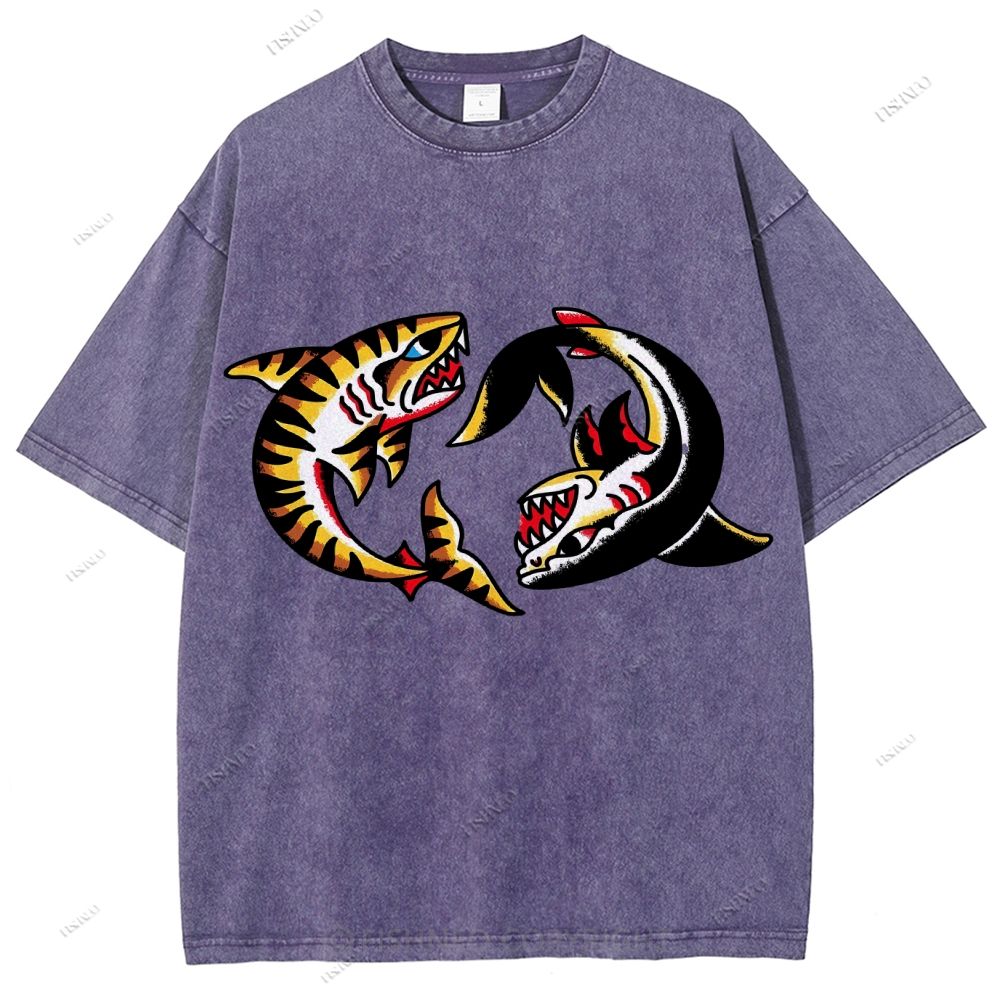 Unisex Shark Graffiti Printed Washed Tee