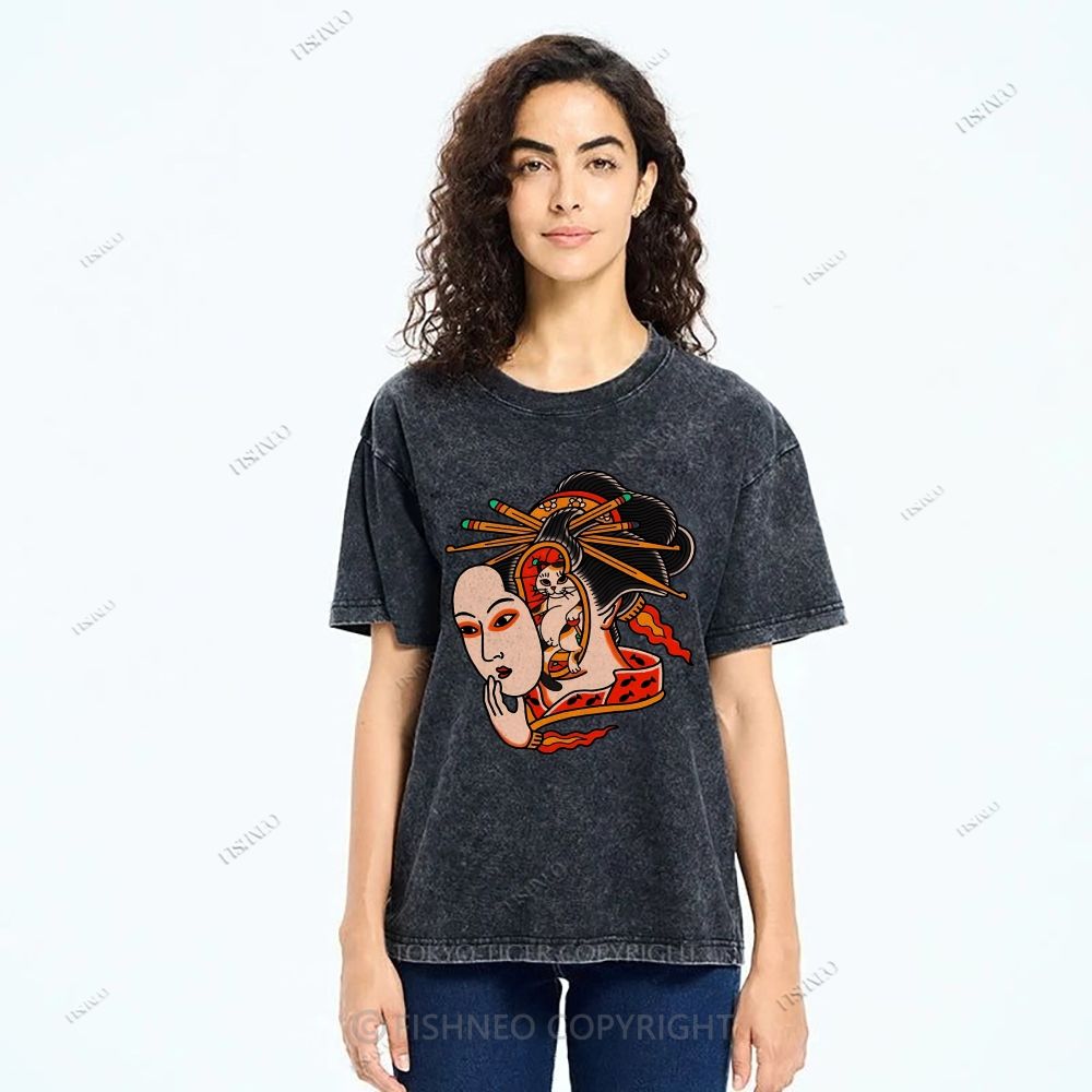 Unisex Japanese Geisha Cat Printed Washed Tee