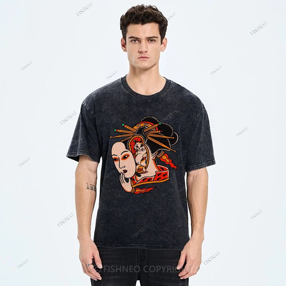 Unisex Japanese Geisha Cat Printed Washed Tee