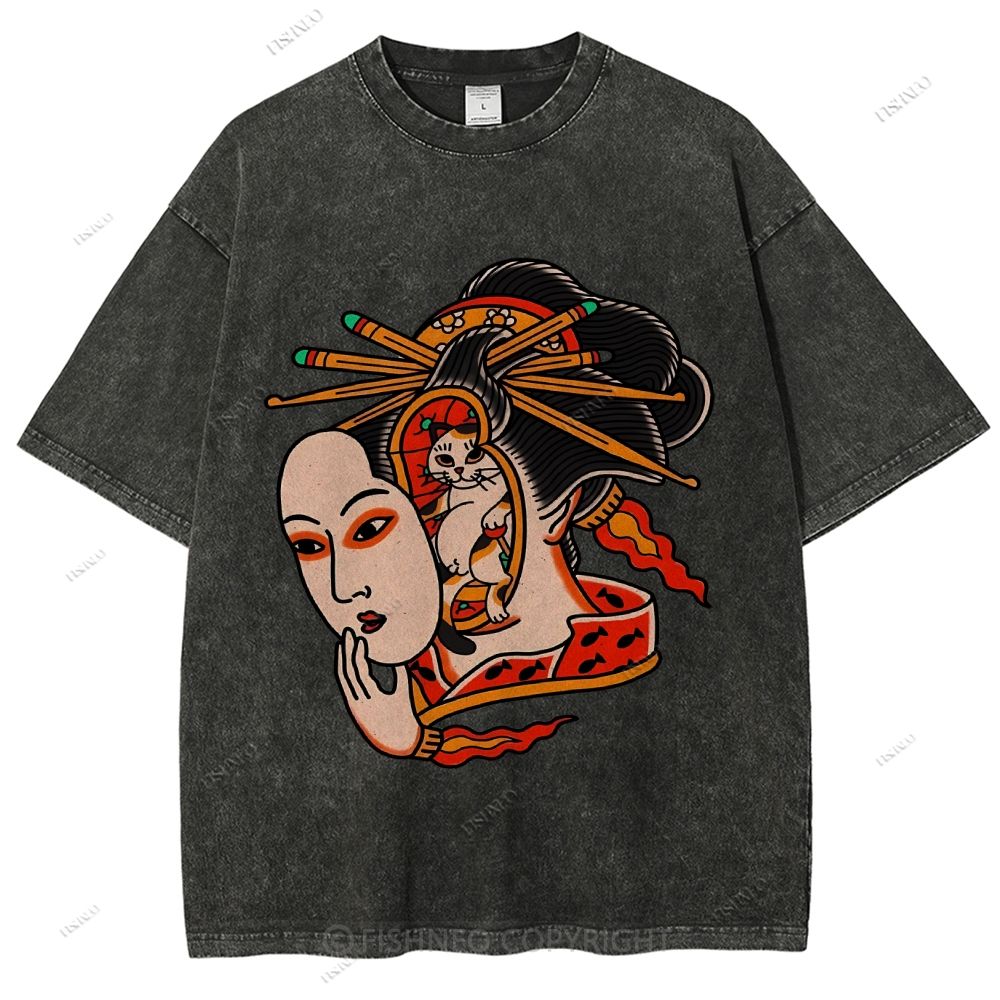 Unisex Japanese Geisha Cat Printed Washed Tee
