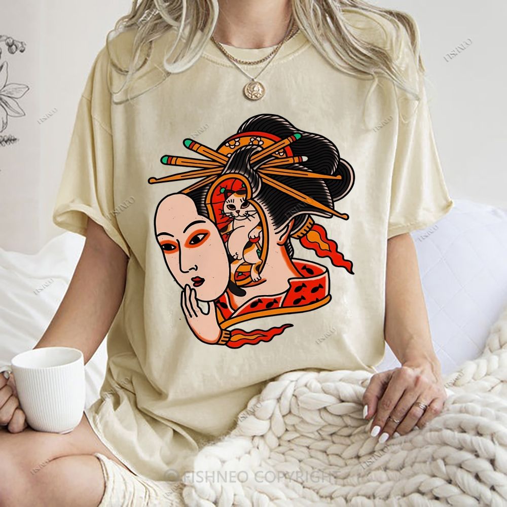 Unisex Japanese Geisha Cat Printed Washed Tee