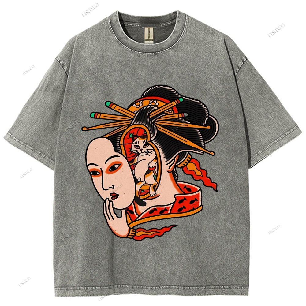 Unisex Japanese Geisha Cat Printed Washed Tee