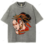 Unisex Japanese Geisha Cat Printed Washed Tee