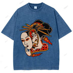 Unisex Japanese Geisha Cat Printed Washed Tee