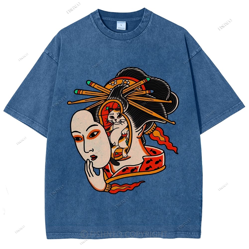 Unisex Japanese Geisha Cat Printed Washed Tee