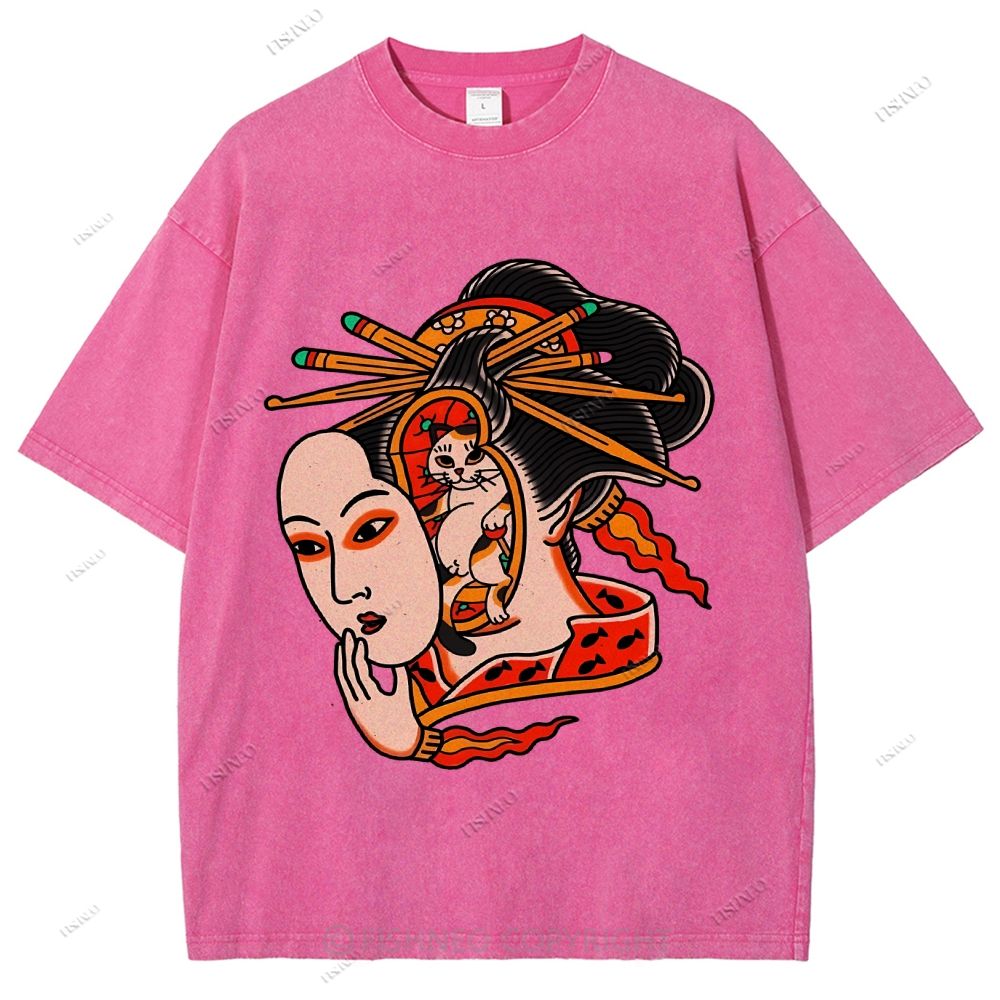 Unisex Japanese Geisha Cat Printed Washed Tee