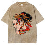 Unisex Japanese Geisha Cat Printed Washed Tee