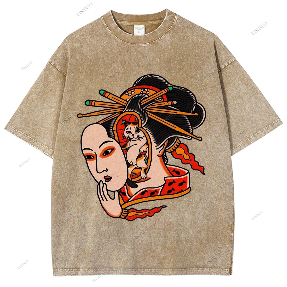 Unisex Japanese Geisha Cat Printed Washed Tee