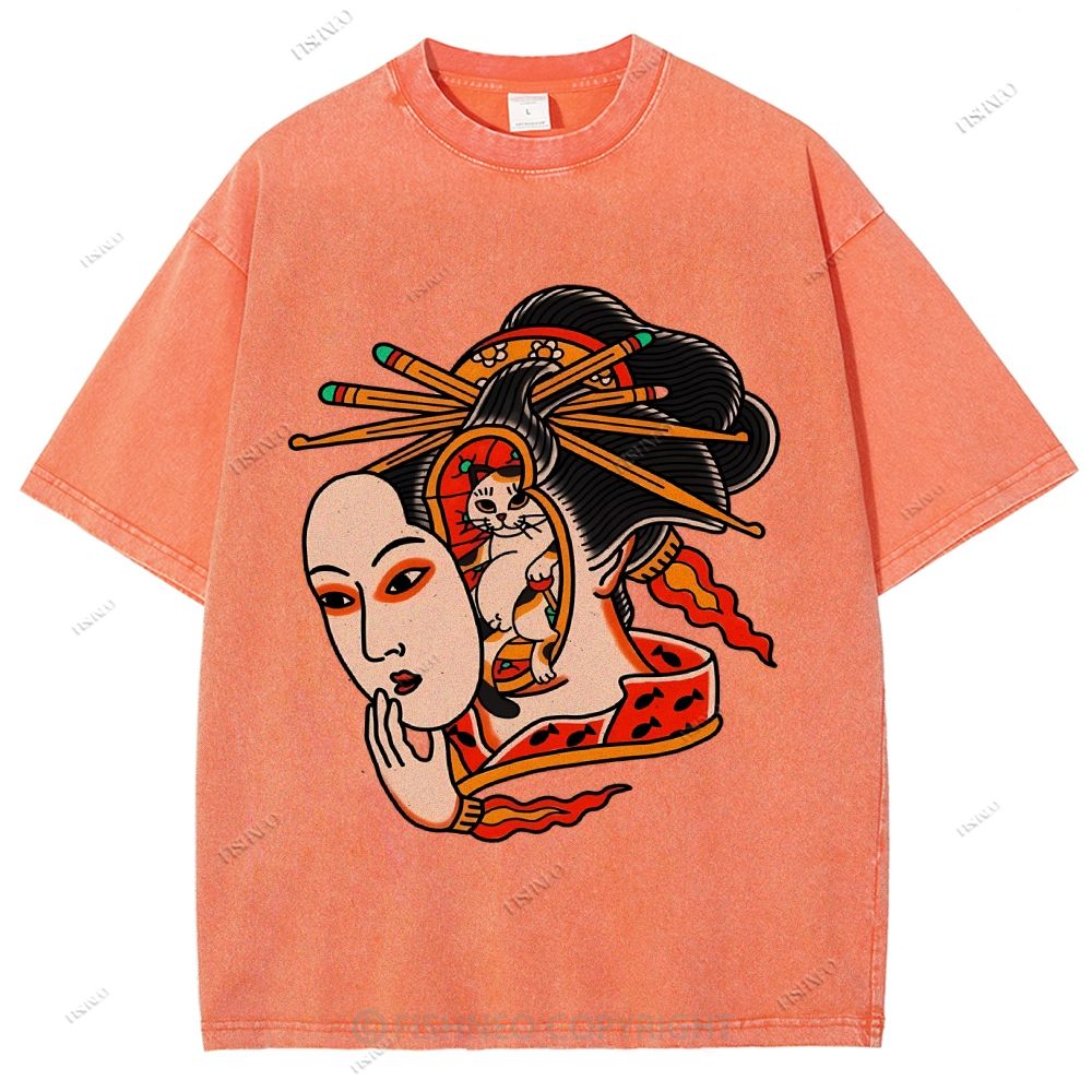 Unisex Japanese Geisha Cat Printed Washed Tee