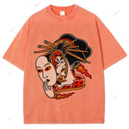 Unisex Japanese Geisha Cat Printed Washed Tee