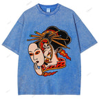 Unisex Japanese Geisha Cat Printed Washed Tee