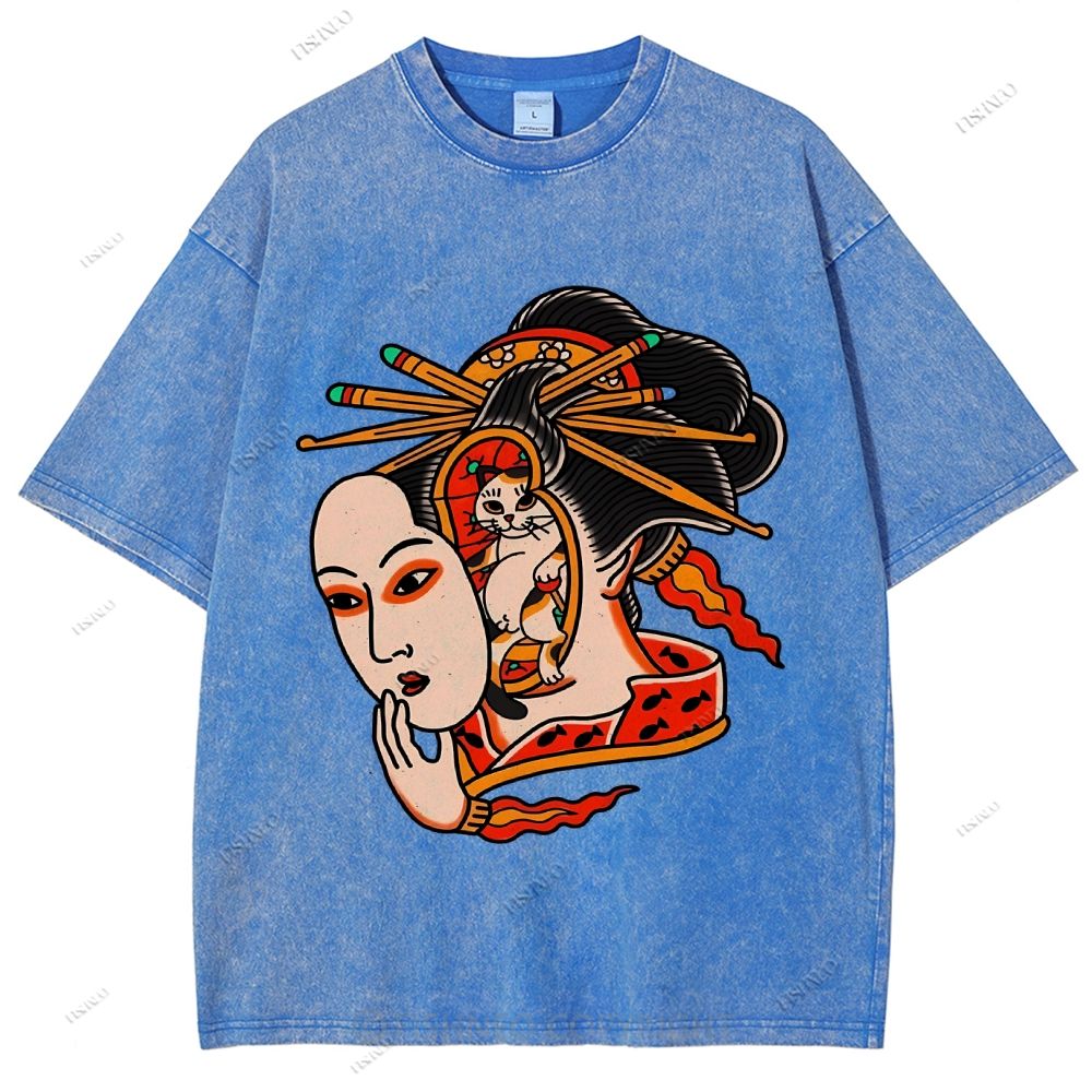 Unisex Japanese Geisha Cat Printed Washed Tee