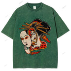 Unisex Japanese Geisha Cat Printed Washed Tee