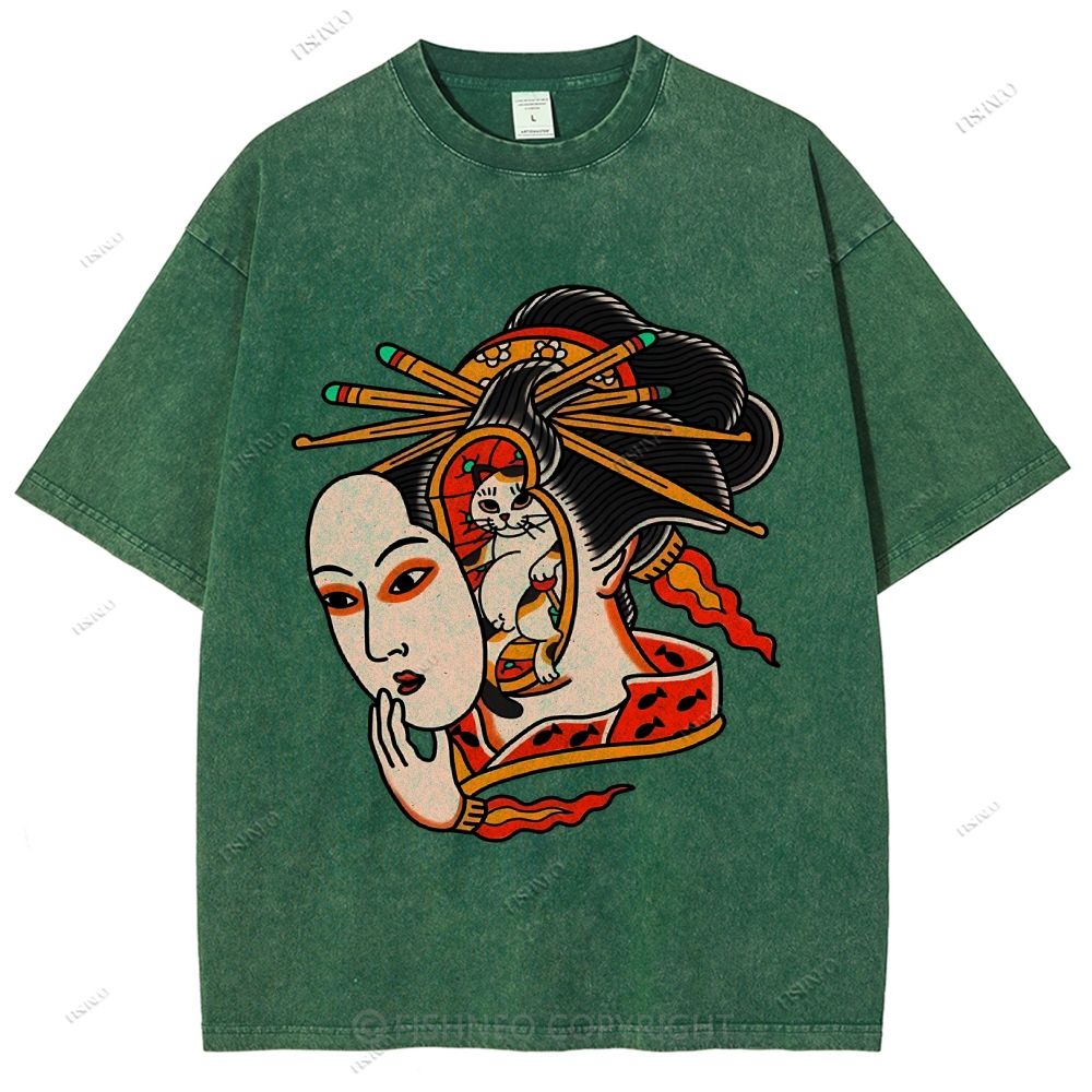 Unisex Japanese Geisha Cat Printed Washed Tee