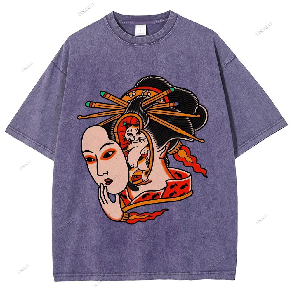 Unisex Japanese Geisha Cat Printed Washed Tee