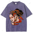 Unisex Japanese Geisha Cat Printed Washed Tee