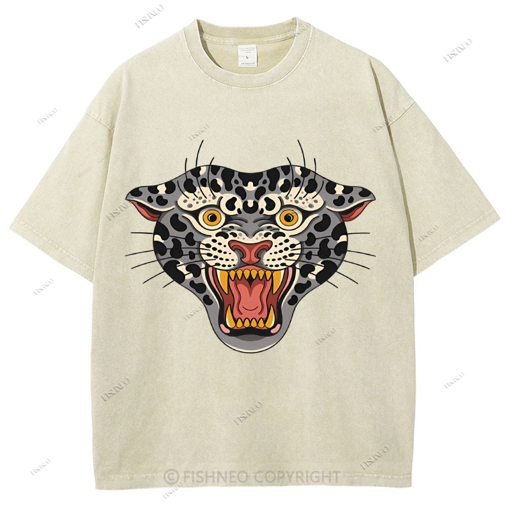 Unisex Vintage Growling Leopard Printed Washed Tee