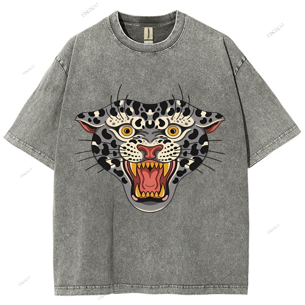 Unisex Vintage Growling Leopard Printed Washed Tee