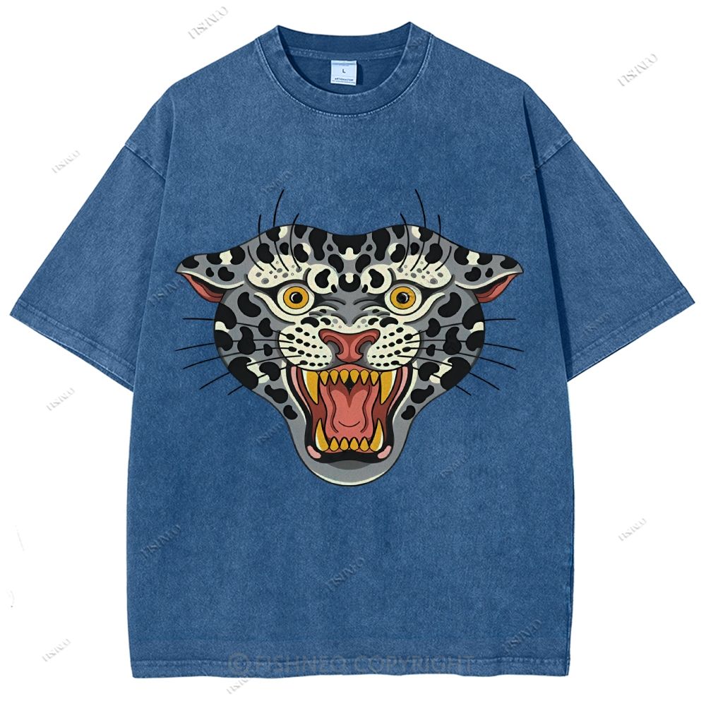 Unisex Vintage Growling Leopard Printed Washed Tee