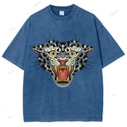 Unisex Vintage Growling Leopard Printed Washed Tee