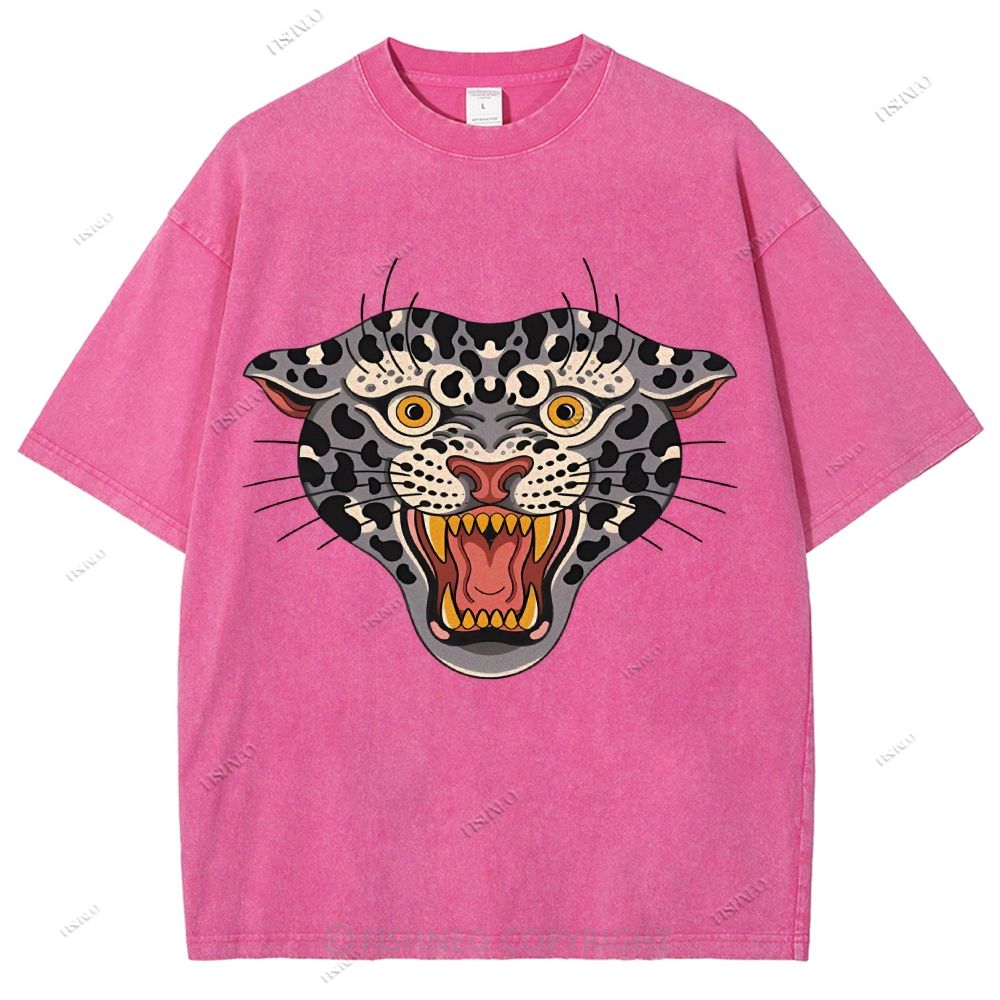 Unisex Vintage Growling Leopard Printed Washed Tee