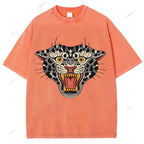 Unisex Vintage Growling Leopard Printed Washed Tee