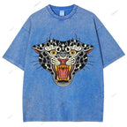 Unisex Vintage Growling Leopard Printed Washed Tee