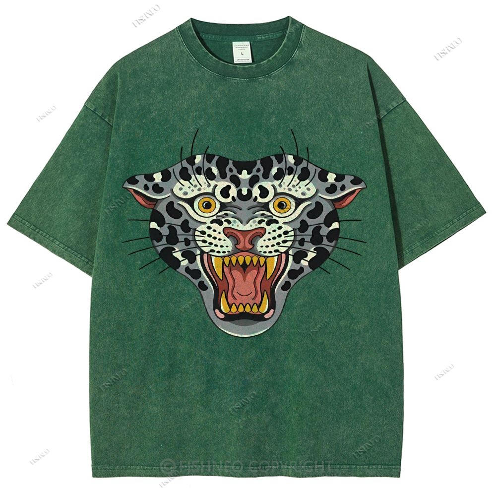 Unisex Vintage Growling Leopard Printed Washed Tee