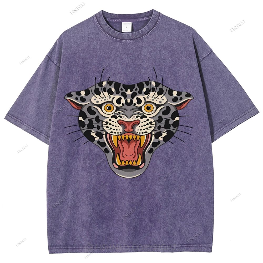 Unisex Vintage Growling Leopard Printed Washed Tee