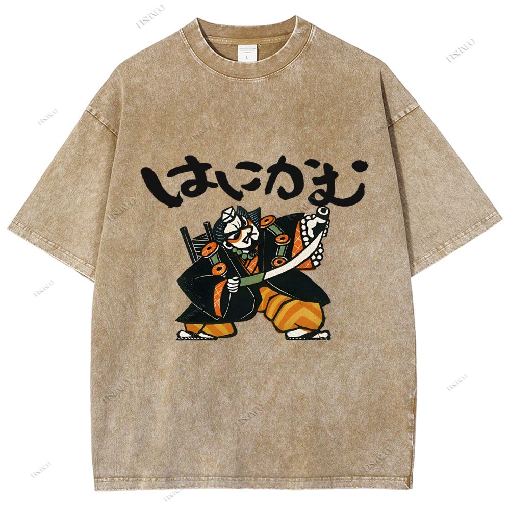 Unisex Japanese Samurai Printed Washed Tee