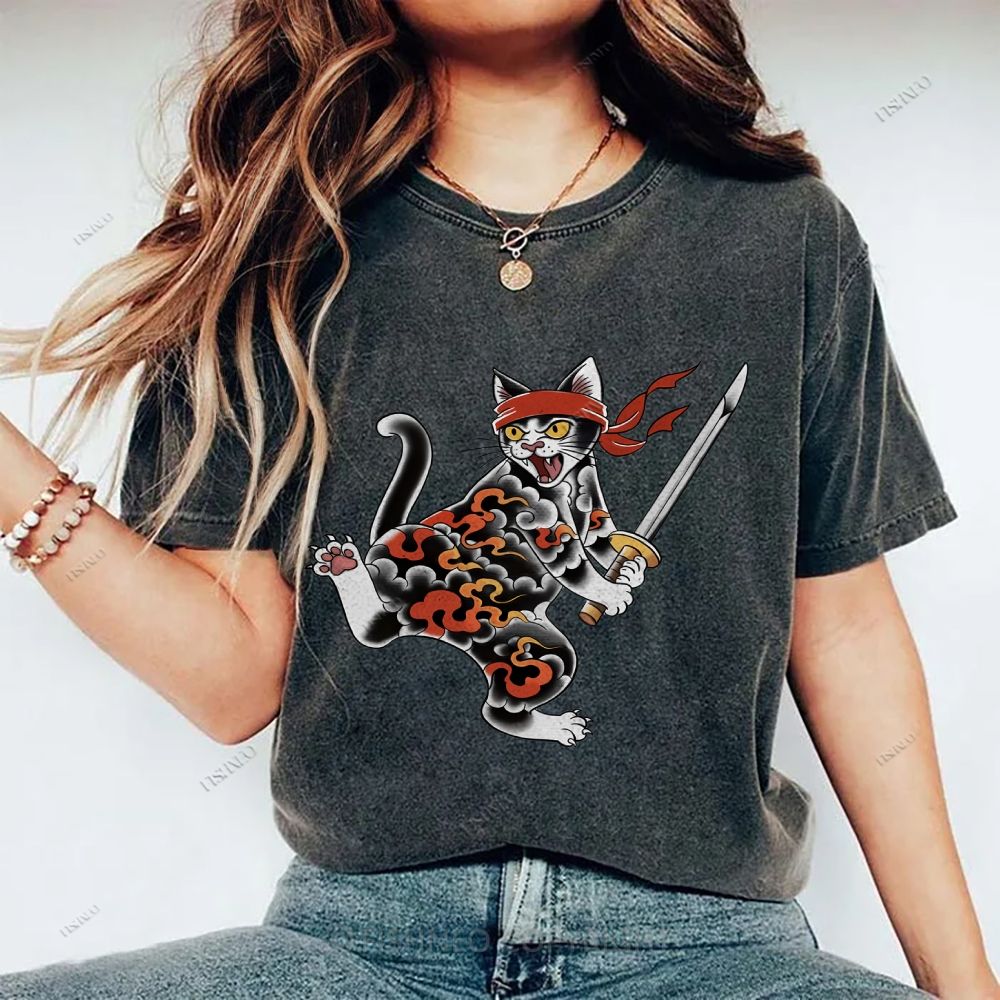 Unisex Japanese Cat Samurai Printed Washed Tee