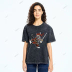 Unisex Japanese Cat Samurai Printed Washed Tee