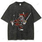 Unisex Japanese Cat Samurai Printed Washed Tee