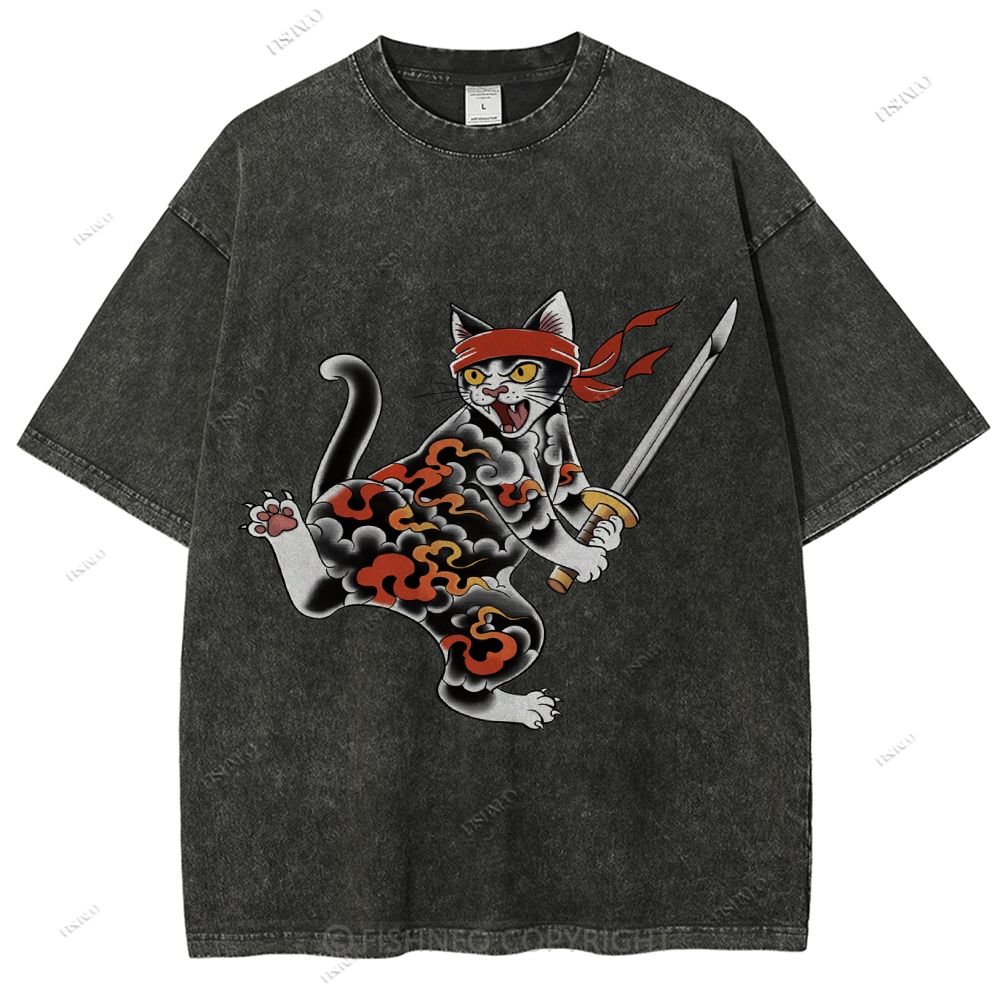Unisex Japanese Cat Samurai Printed Washed Tee