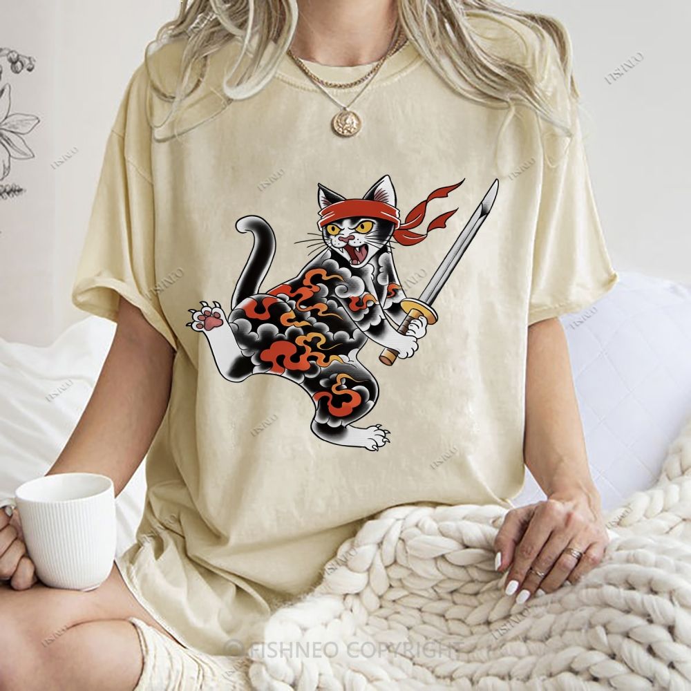 Unisex Japanese Cat Samurai Printed Washed Tee