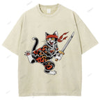 Unisex Japanese Cat Samurai Printed Washed Tee