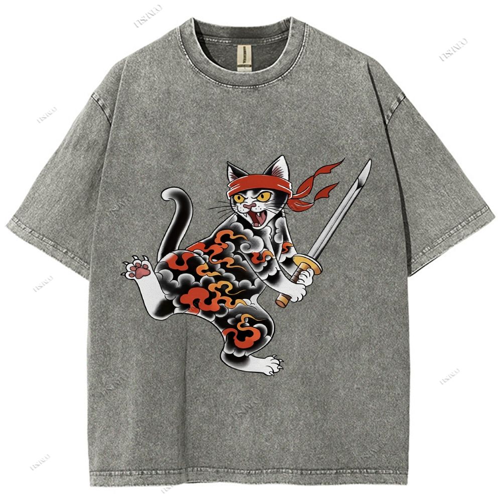 Unisex Japanese Cat Samurai Printed Washed Tee