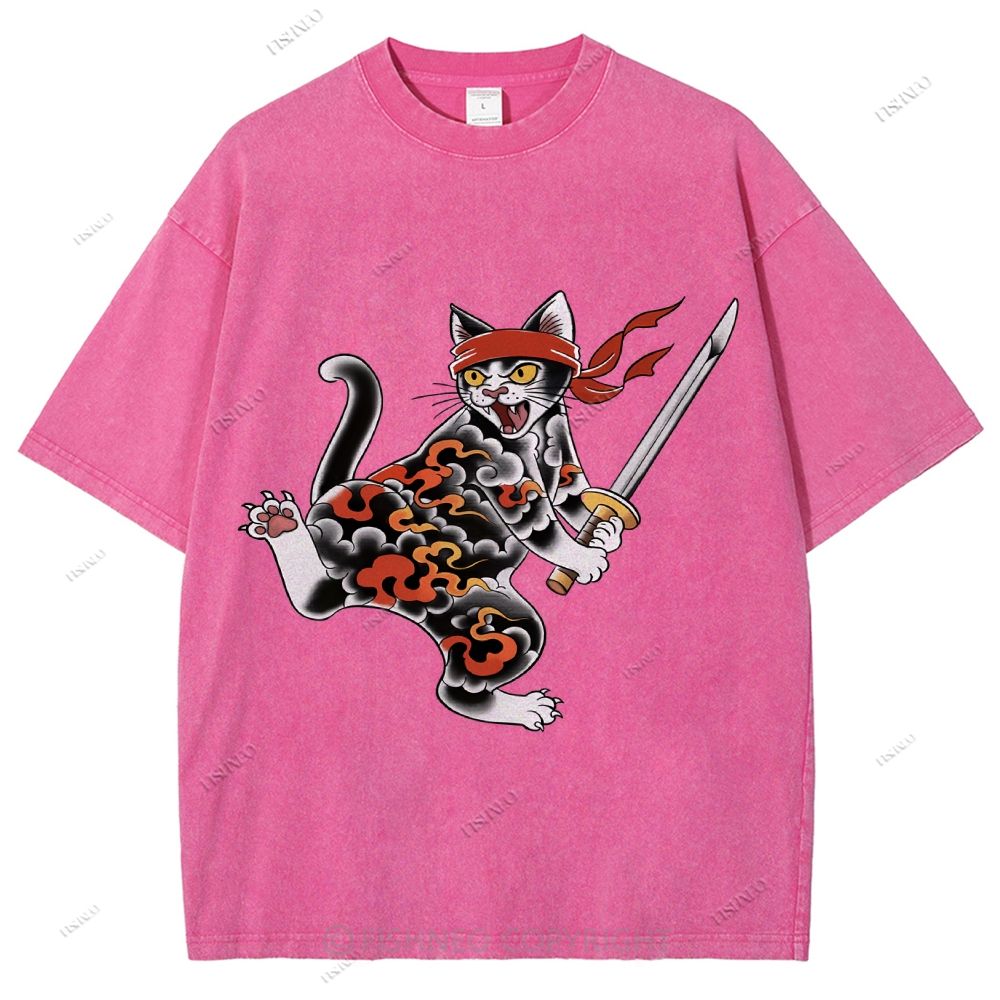 Unisex Japanese Cat Samurai Printed Washed Tee