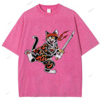 Unisex Japanese Cat Samurai Printed Washed Tee
