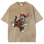 Unisex Japanese Cat Samurai Printed Washed Tee