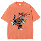 Unisex Japanese Cat Samurai Printed Washed Tee