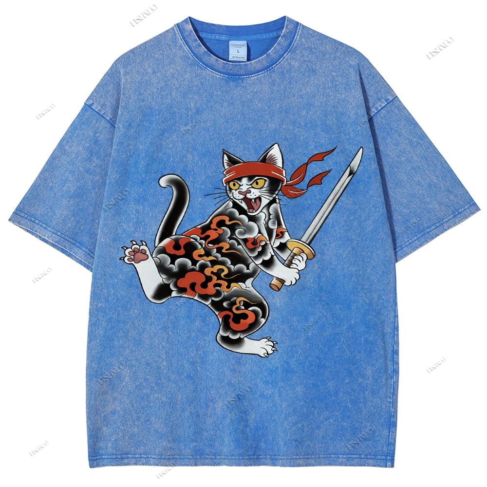 Unisex Japanese Cat Samurai Printed Washed Tee