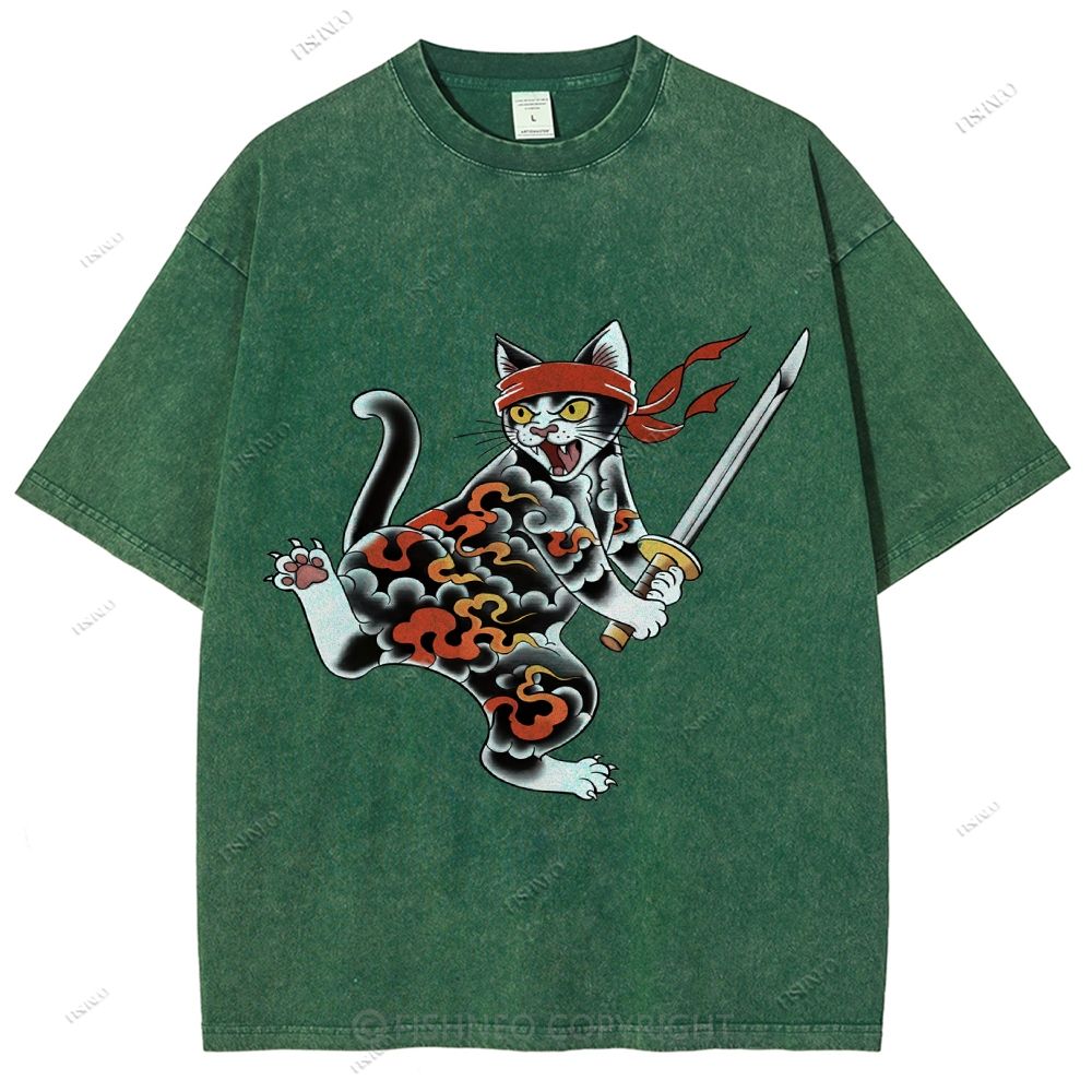 Unisex Japanese Cat Samurai Printed Washed Tee