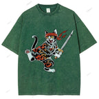 Unisex Japanese Cat Samurai Printed Washed Tee