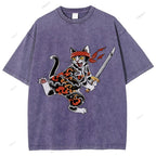 Unisex Japanese Cat Samurai Printed Washed Tee