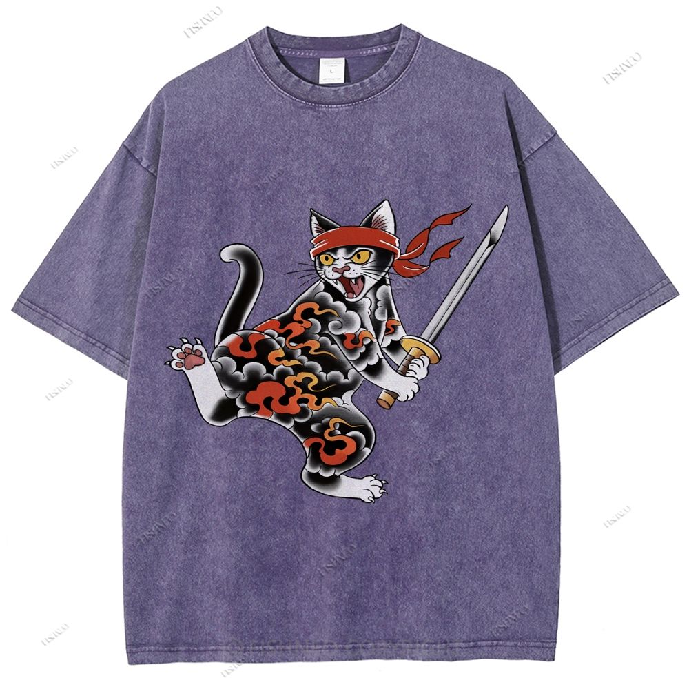 Unisex Japanese Cat Samurai Printed Washed Tee