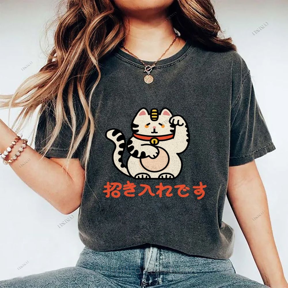 Unisex Japanese Fortune Cat Printed Washed Tee