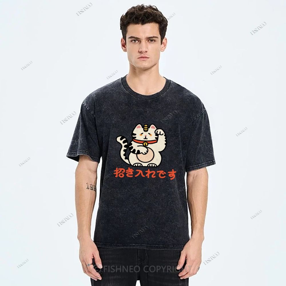 Unisex Japanese Fortune Cat Printed Washed Tee