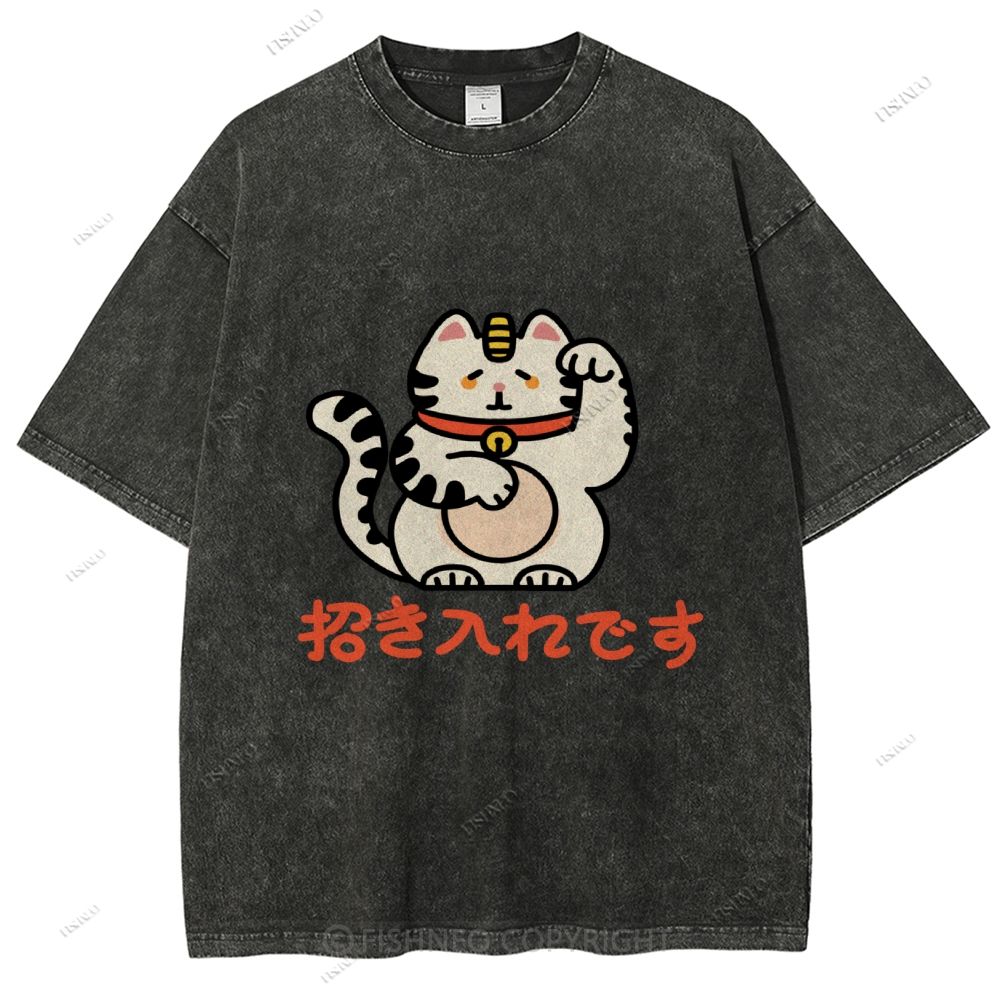 Unisex Japanese Fortune Cat Printed Washed Tee